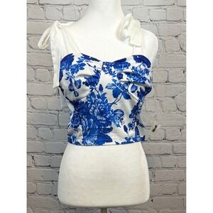 Floral Corset Top Tie Strap Sleeveless‎ Blue White Crop Top XL